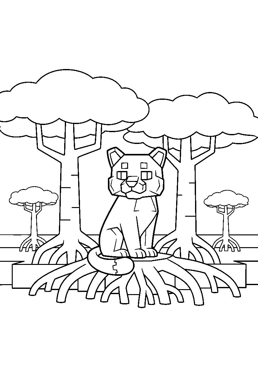 minecraft ocelot sitting calmly in a mangrove swamp line art