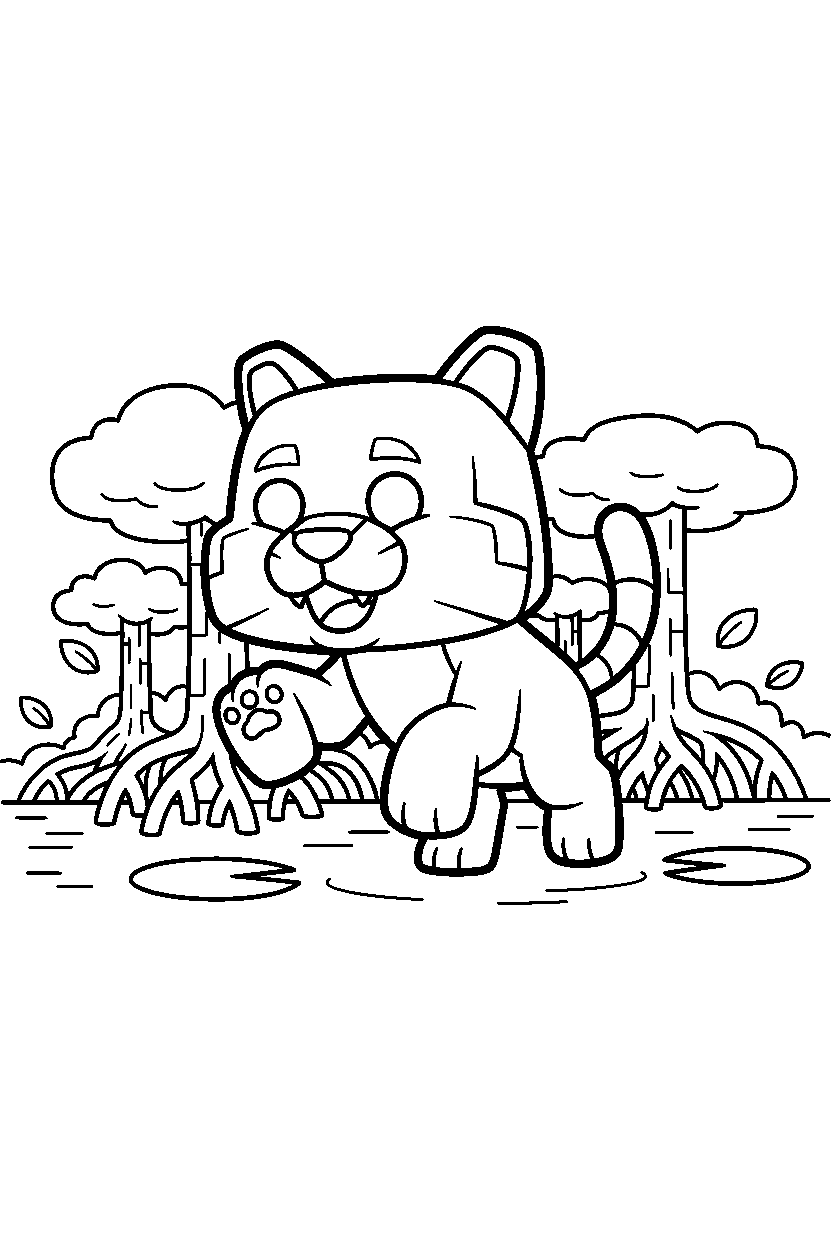 minecraft ocelot stomping playfully in a mangrove swamp line art