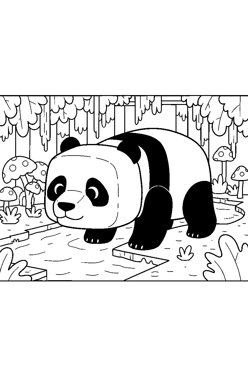 minecraft panda crawling calmly in a lush cave line art