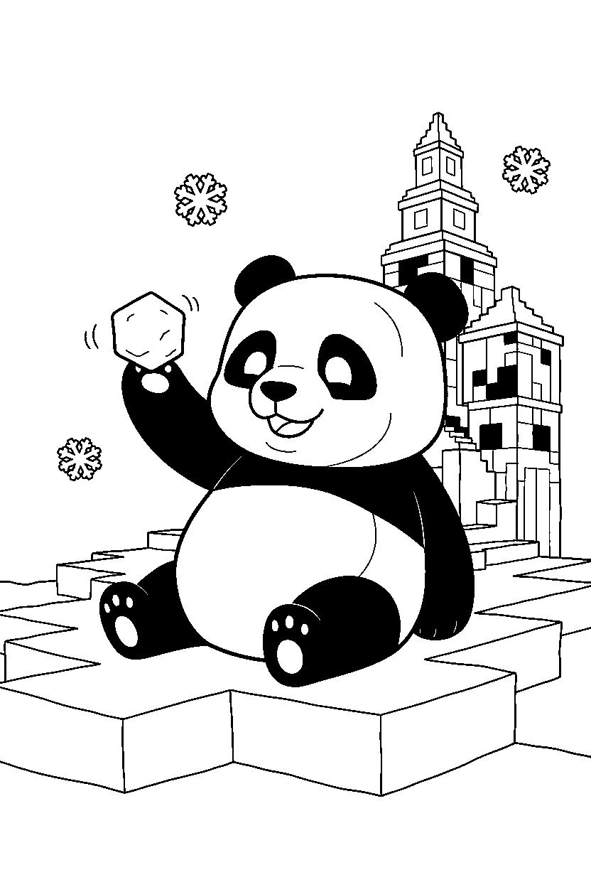 minecraft panda playing in snow near an end city line art