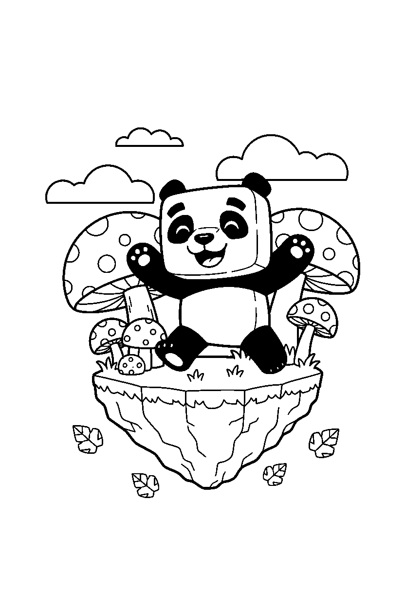 minecraft panda running happily on a mushroom island line art