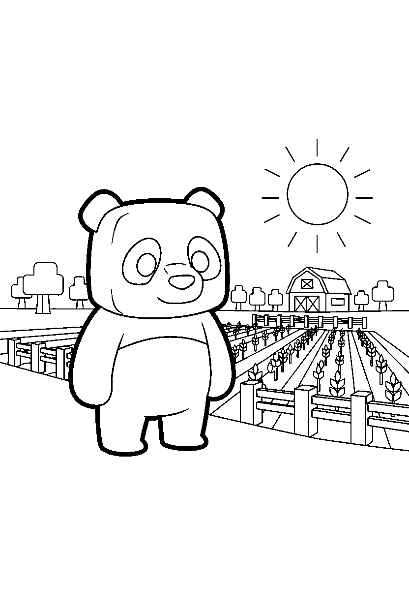 minecraft panda standing calmly near a farm field line art