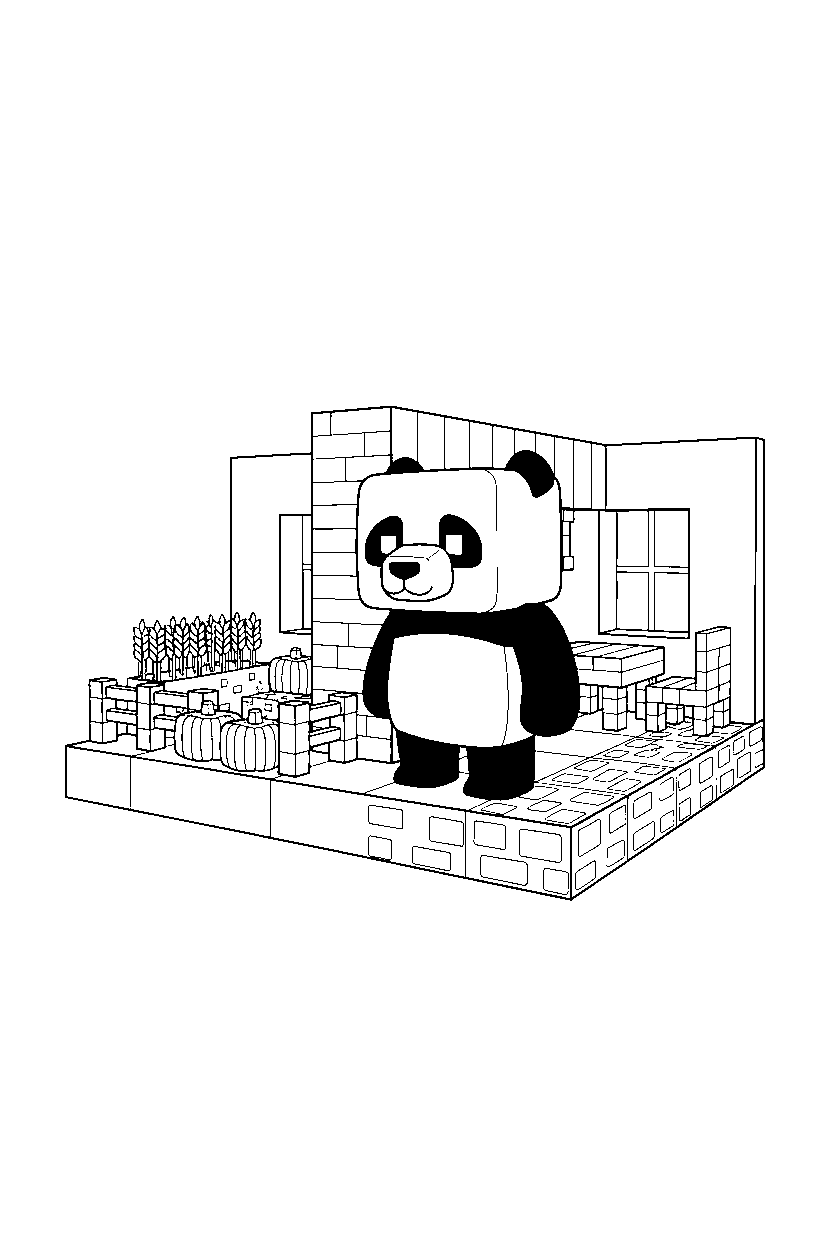 minecraft panda standing near a farm inside a house line art