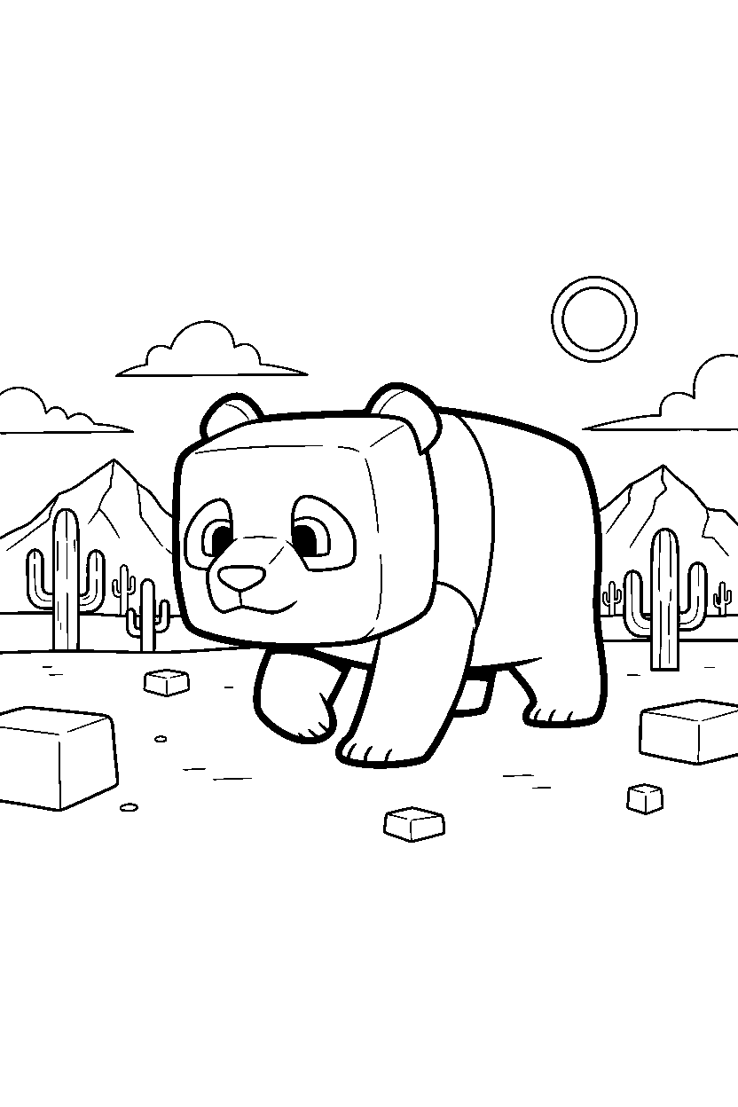 minecraft panda wandering curiously in a desert line art