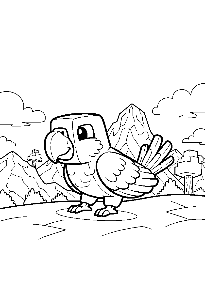 minecraft parrot crawling calmly in mountains line art