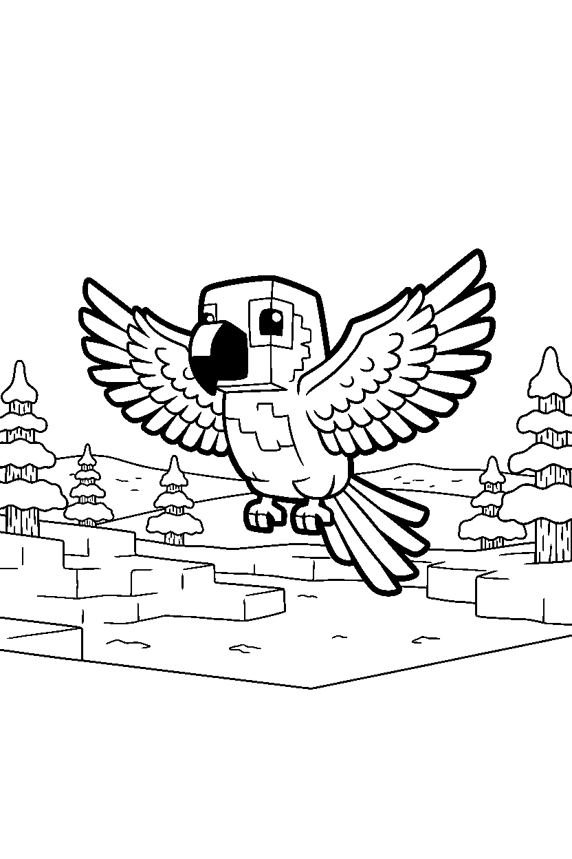 minecraft parrot floating calmly in snowy tundra line art
