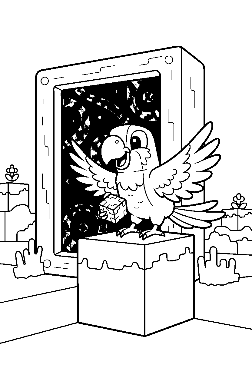 minecraft parrot playing happily near a nether portal line art