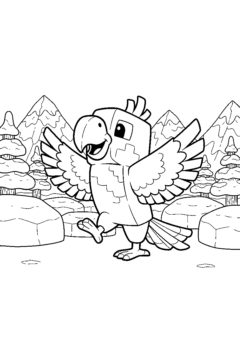 minecraft parrot posing happily in snowy tundra line art