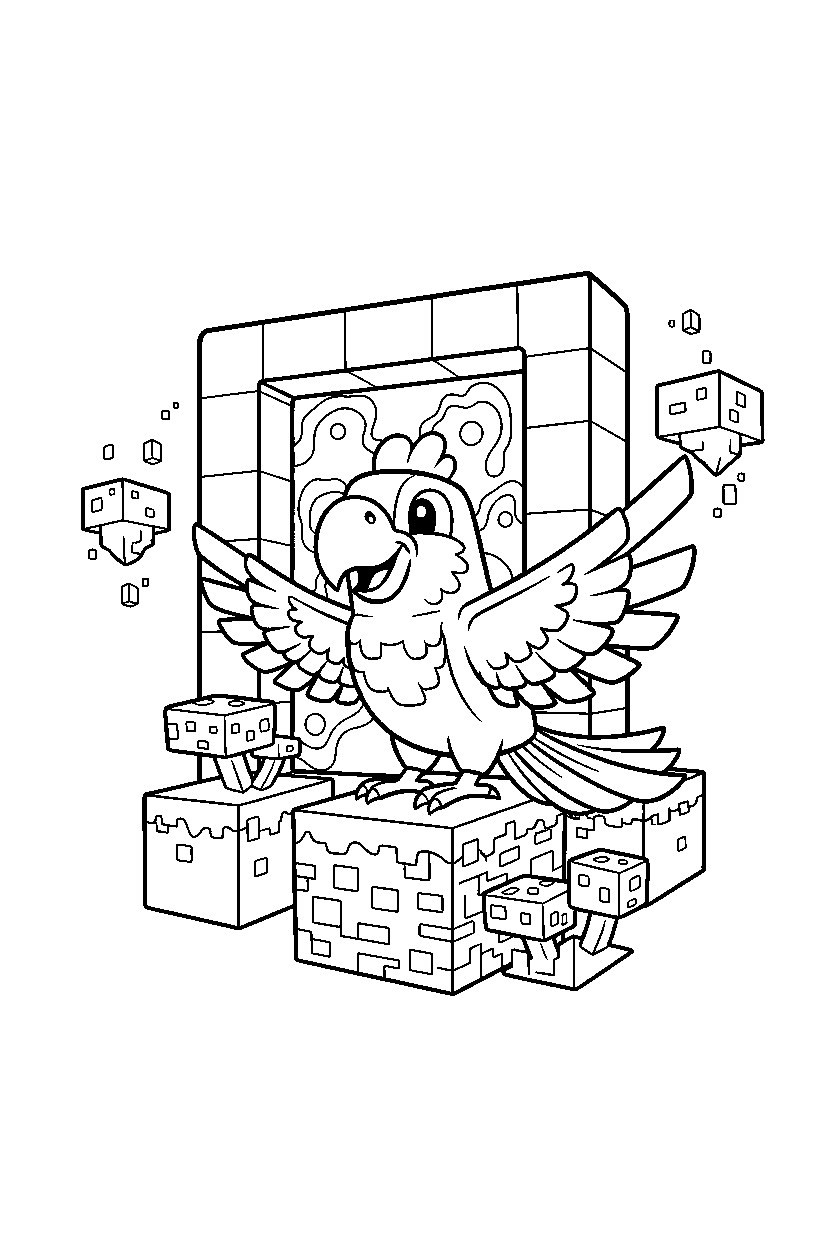 minecraft parrot posing happily in the nether line art