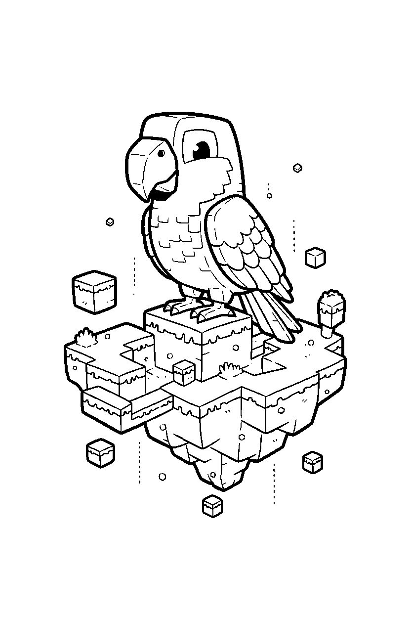 minecraft parrot resting calmly on an end island line art