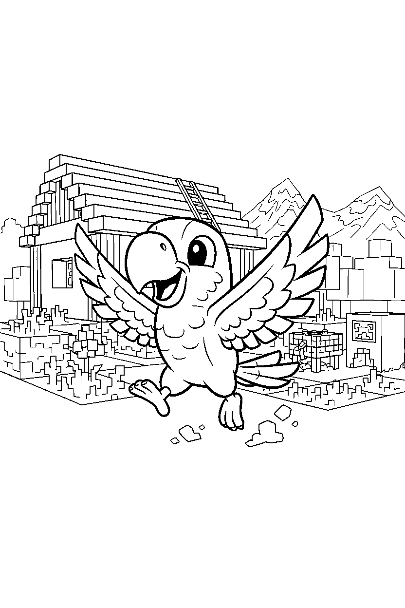 minecraft parrot running happily in a survival base line art