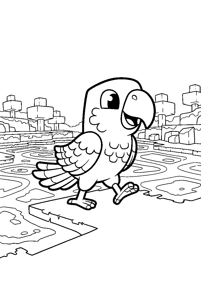 minecraft parrot walking happily near a lava lake line art