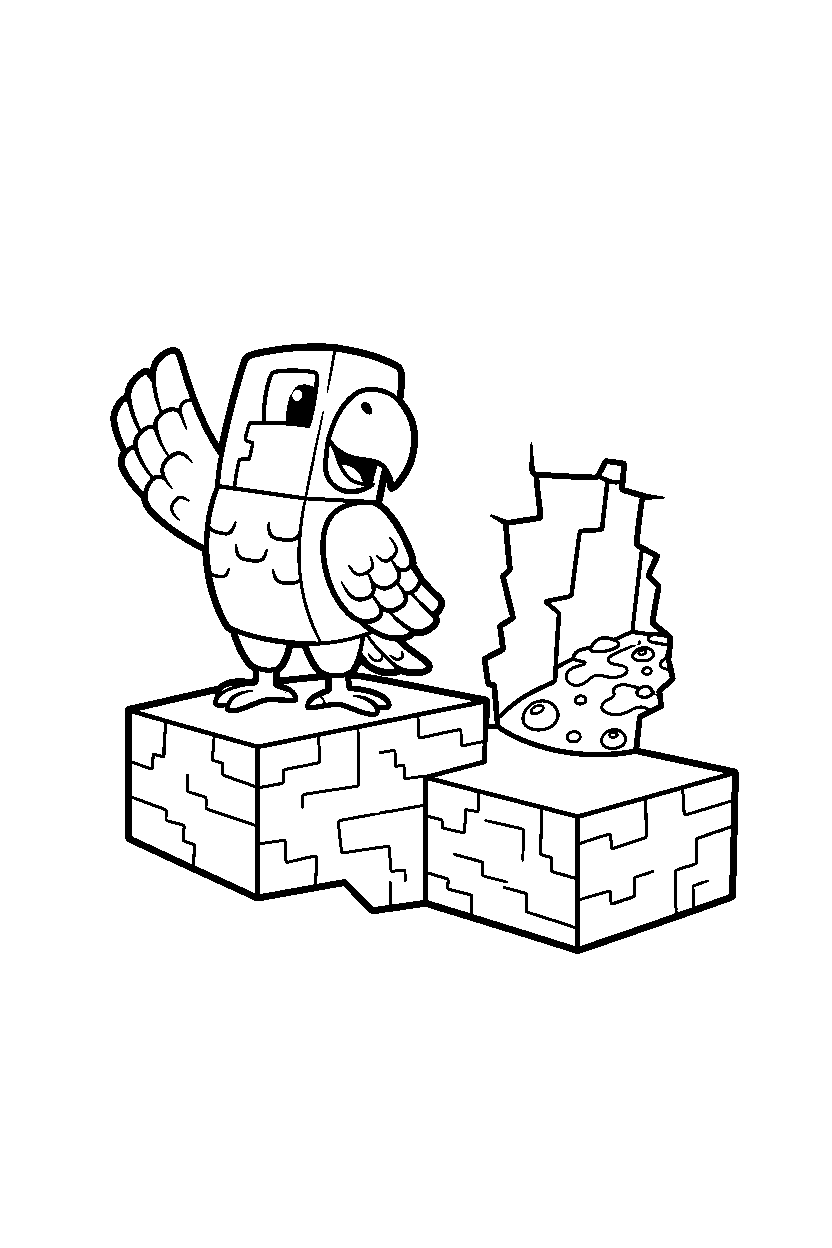 minecraft parrot waving happily near a lava cave line art