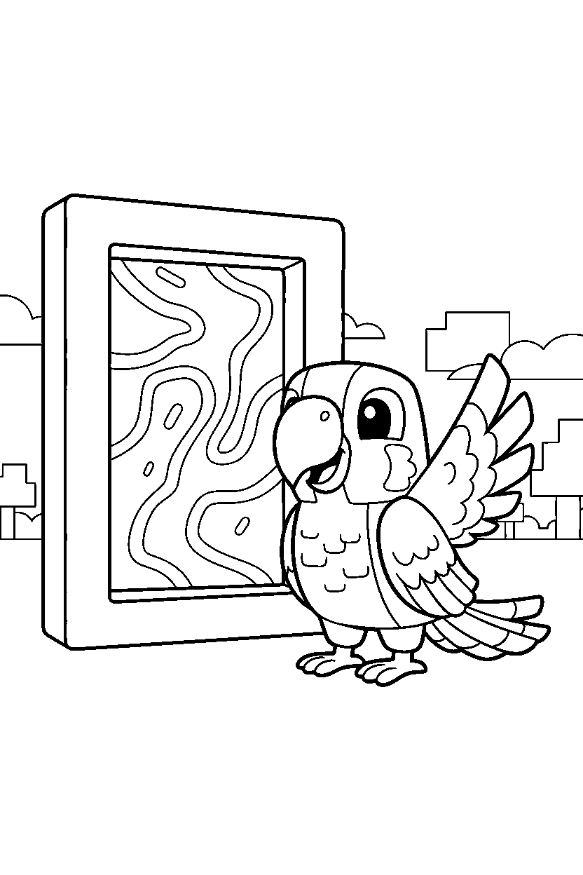 minecraft parrot waving happily near a nether portal line art