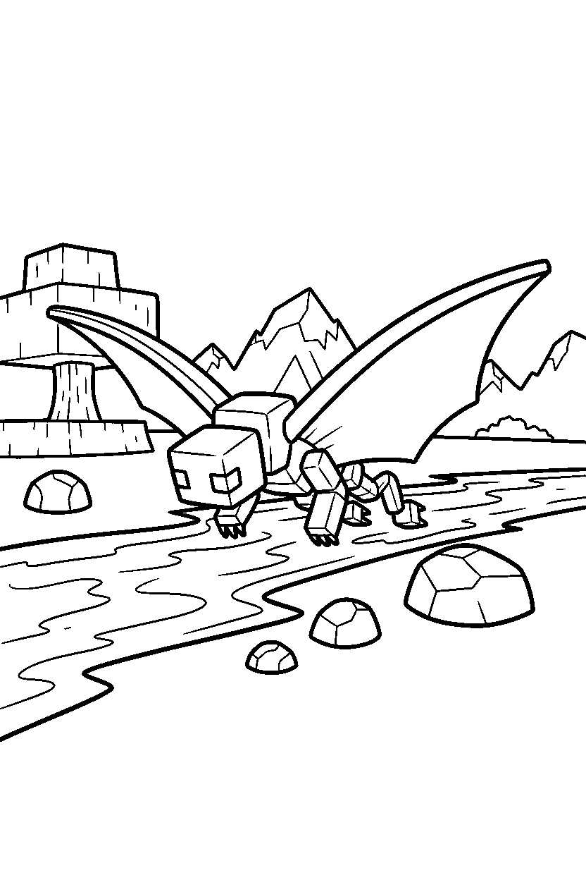 minecraft phantom crawling calmly near a river line art