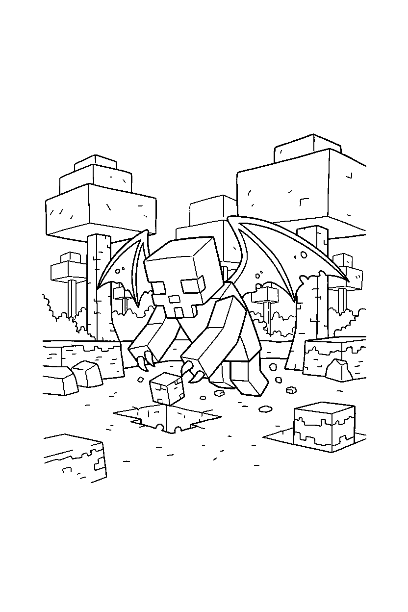 minecraft phantom digging carefully in a dark forest line art