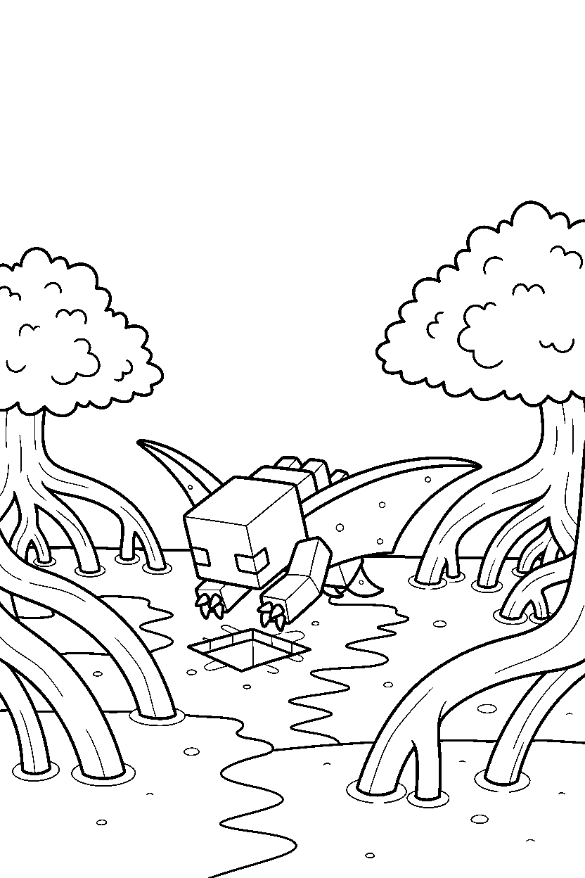 minecraft phantom digging carefully in a mangrove swamp line art