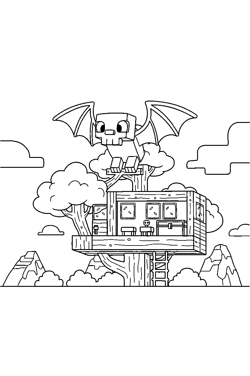 minecraft phantom looking around curiously in a treehouse base line art