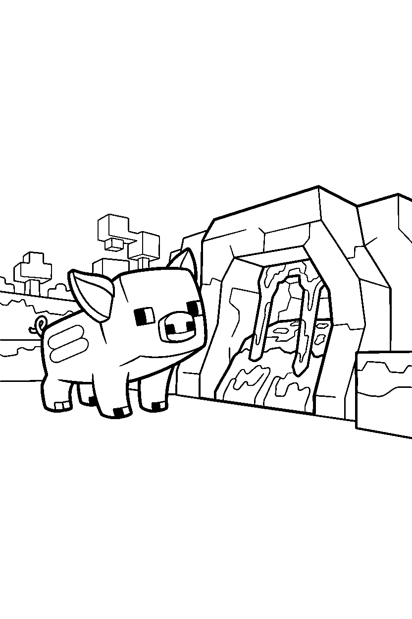 minecraft pig listening carefully near a lava cave line art