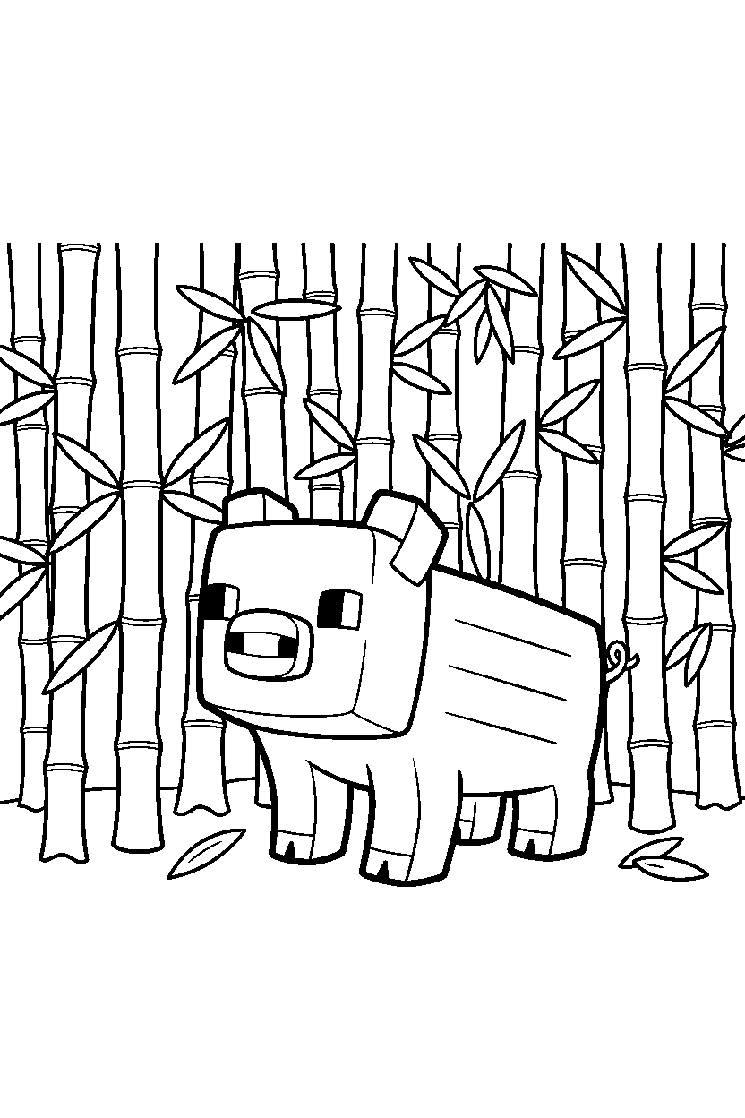 minecraft pig looking around curiously in a bamboo jungle line art