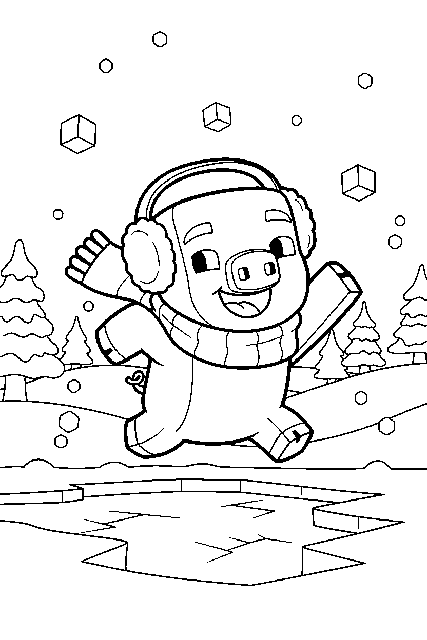 minecraft pig playing happily in snowy tundra line art
