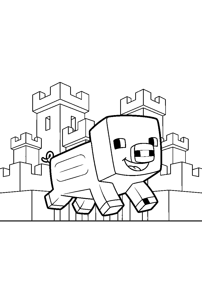 minecraft pig running happily in a castle base line art