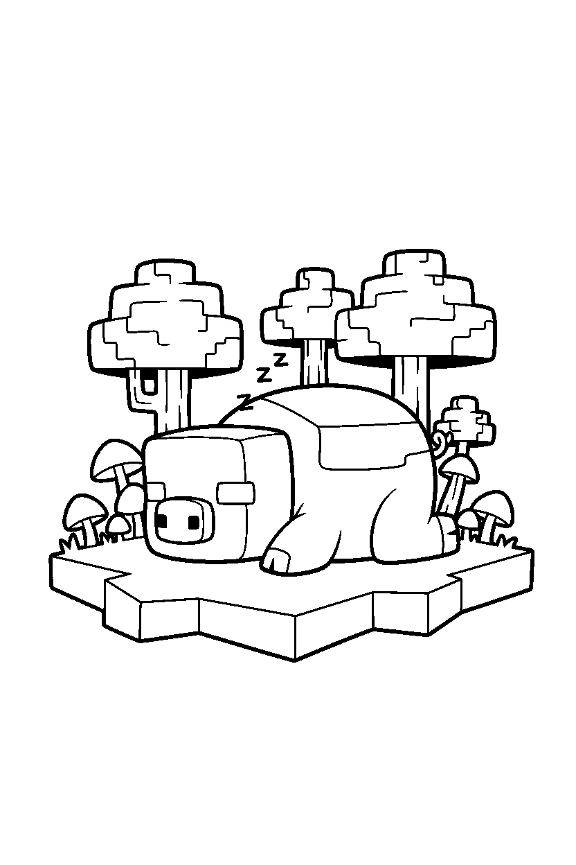 minecraft pig sleeping peacefully in a dark forest line art