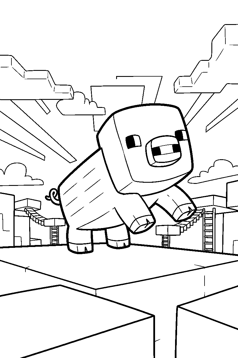 minecraft pig stomping playfully in a sky base line art