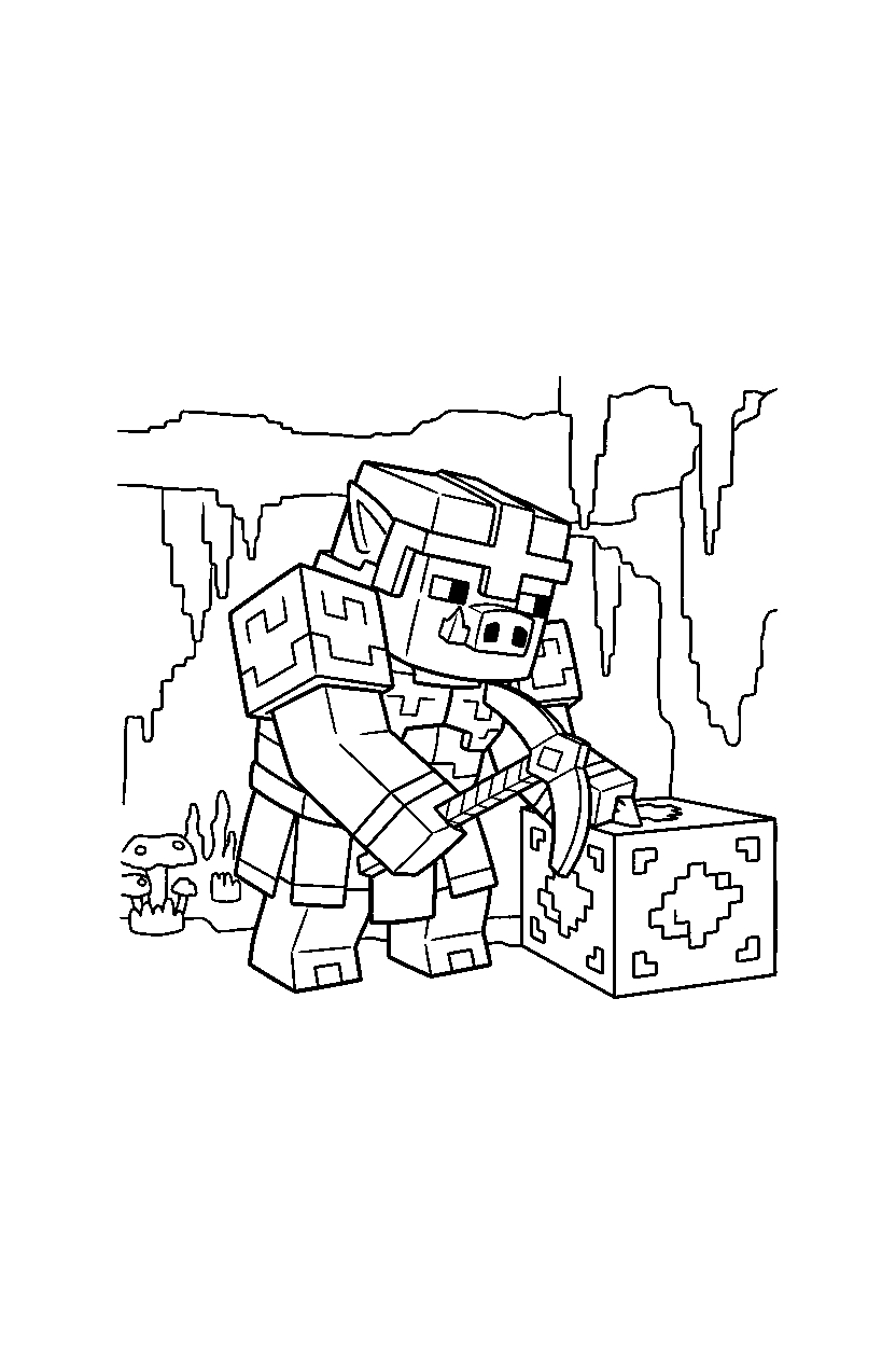 minecraft piglin brute digging carefully in a cave line art
