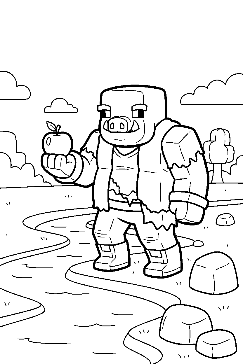 minecraft piglin brute holding an apple near a river line art