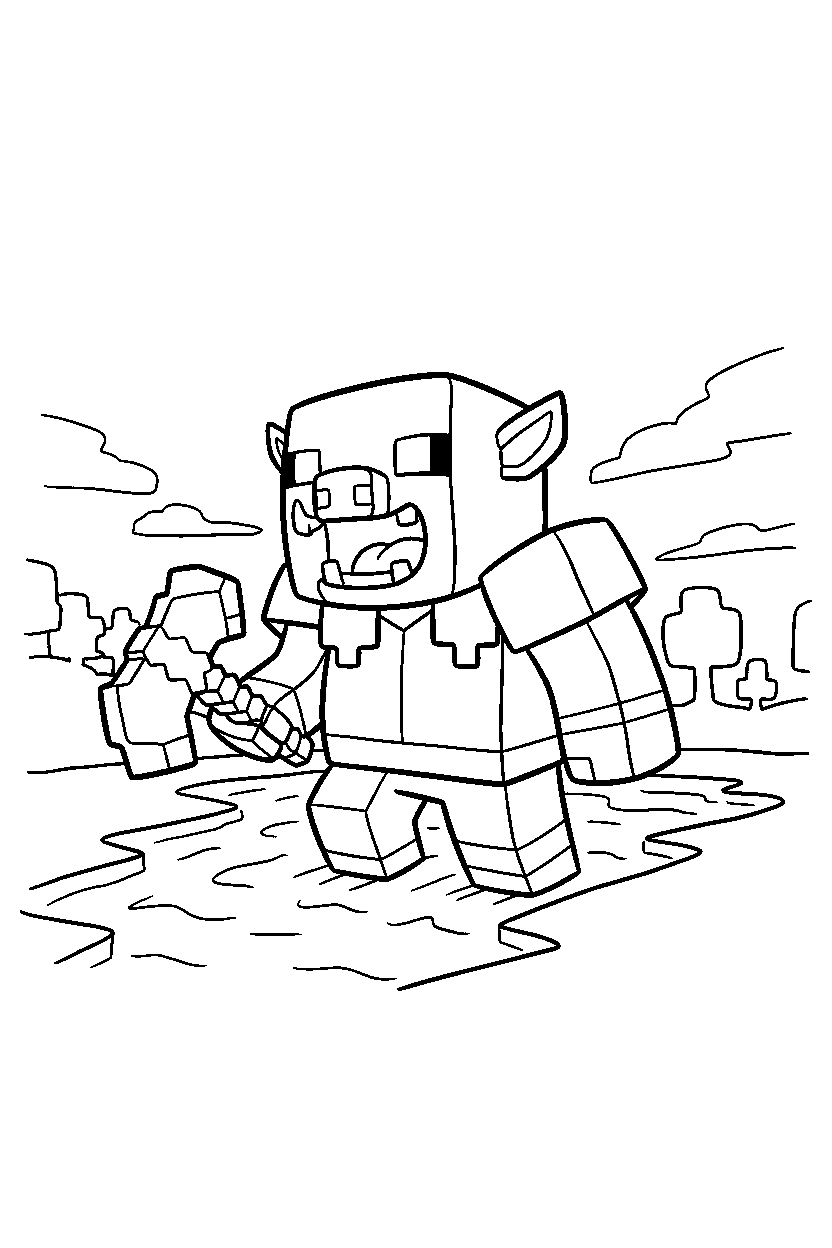 minecraft piglin brute roaring playfully near a river line art