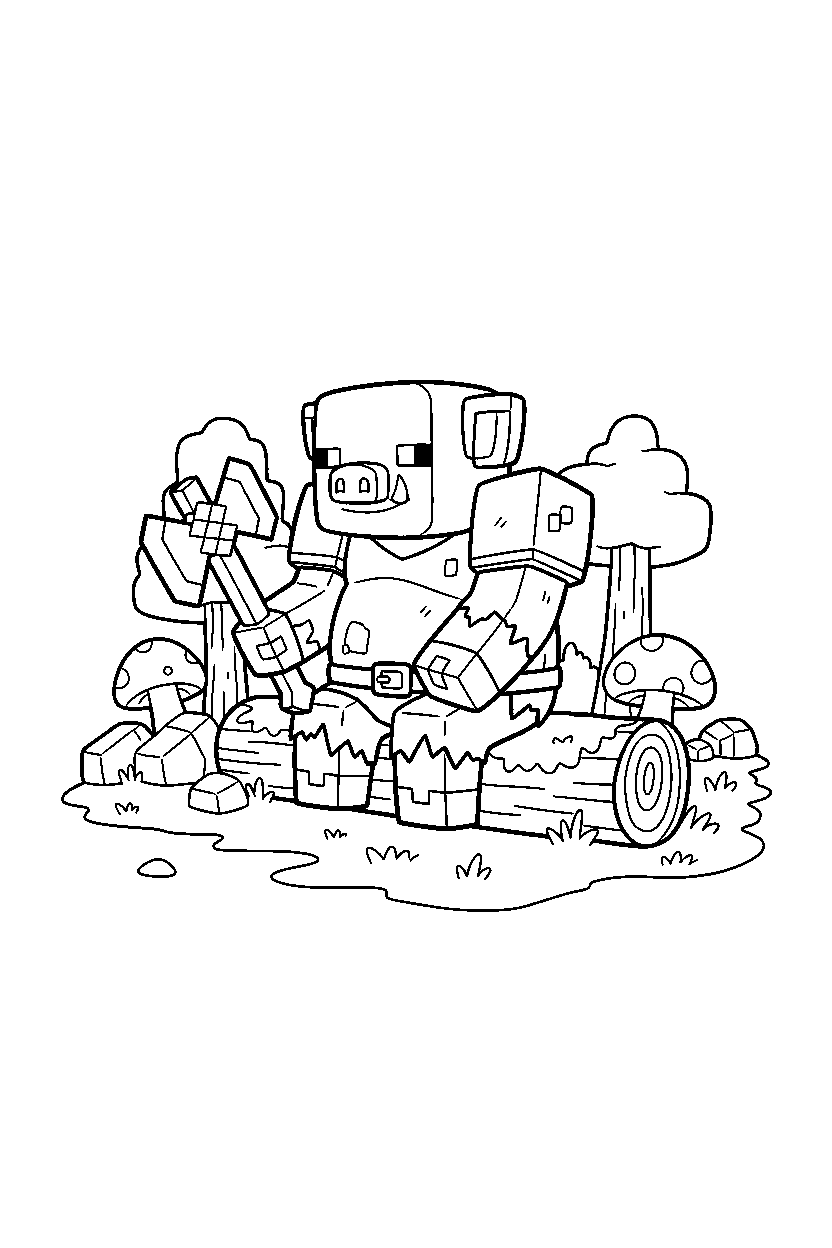minecraft piglin brute sitting calmly in a forest line art