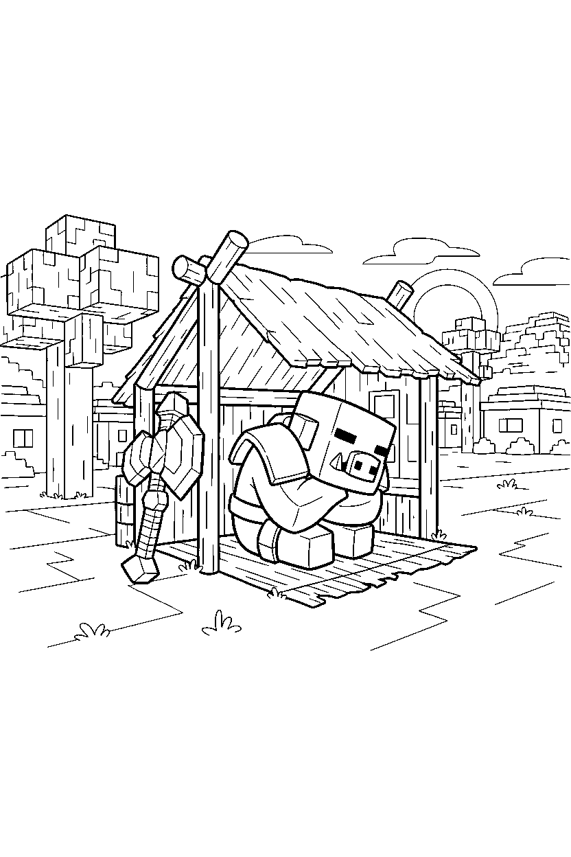 minecraft piglin brute sleeping peacefully in a savanna village line art
