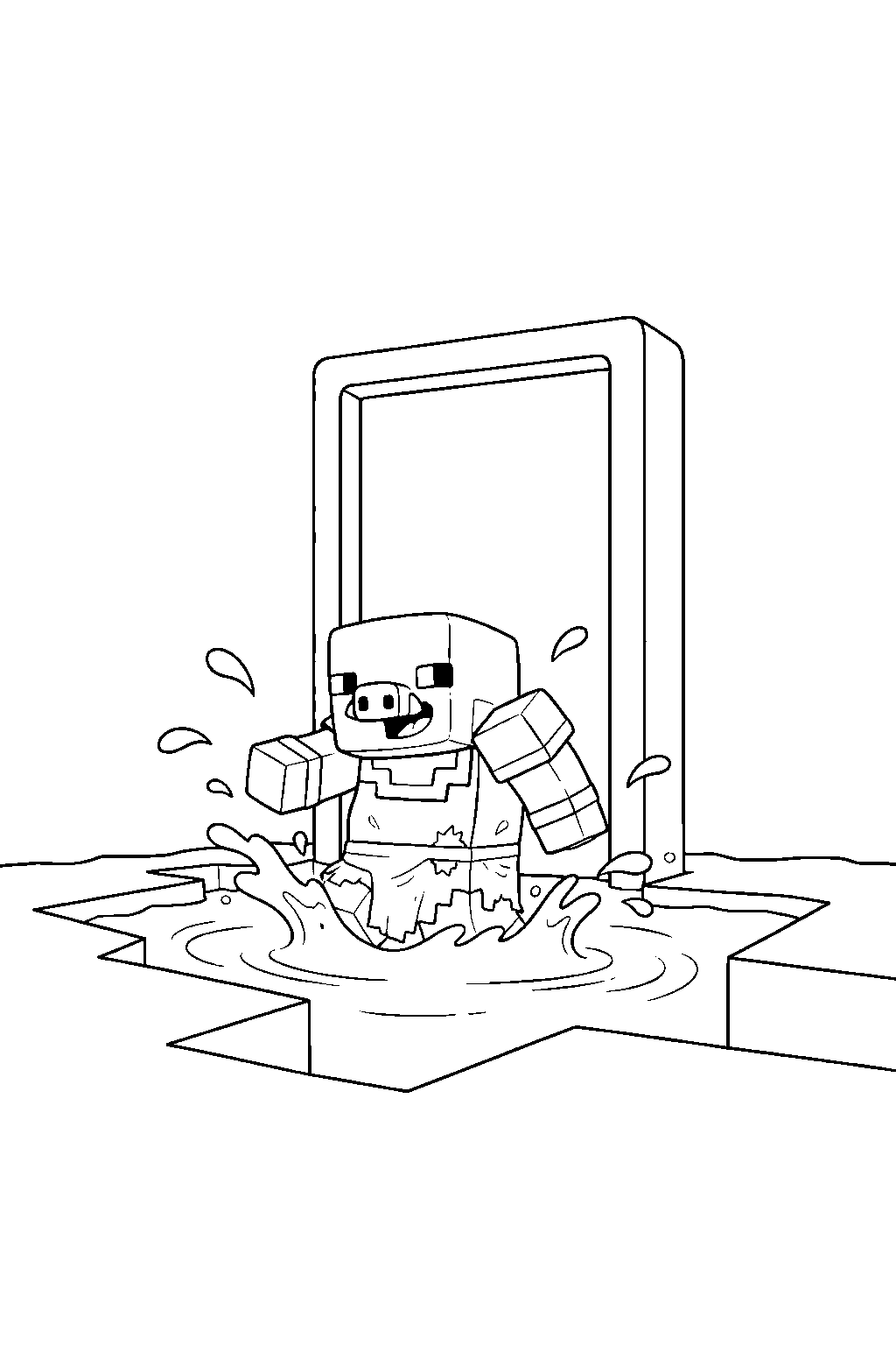minecraft piglin brute splashing in water near a portal line art
