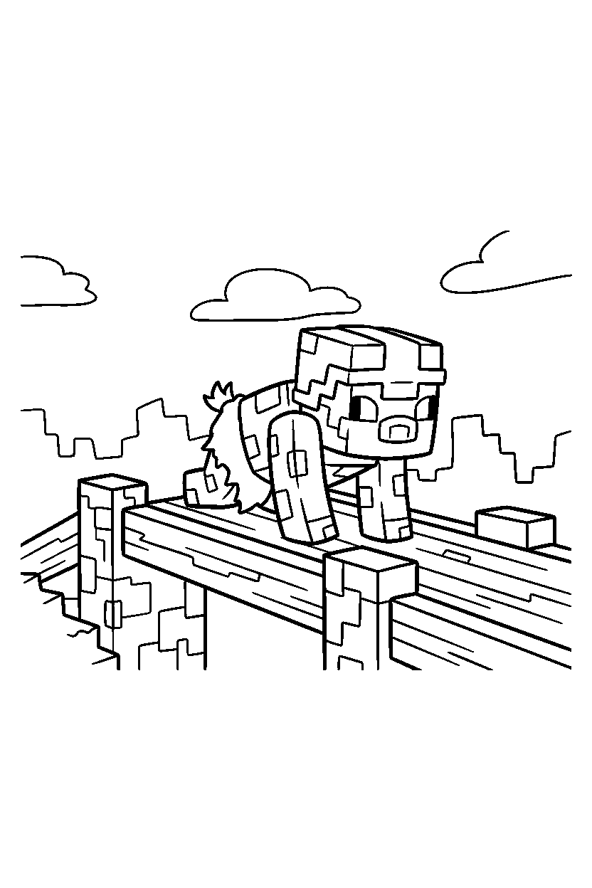 minecraft piglin crawling calmly on a bridge line art