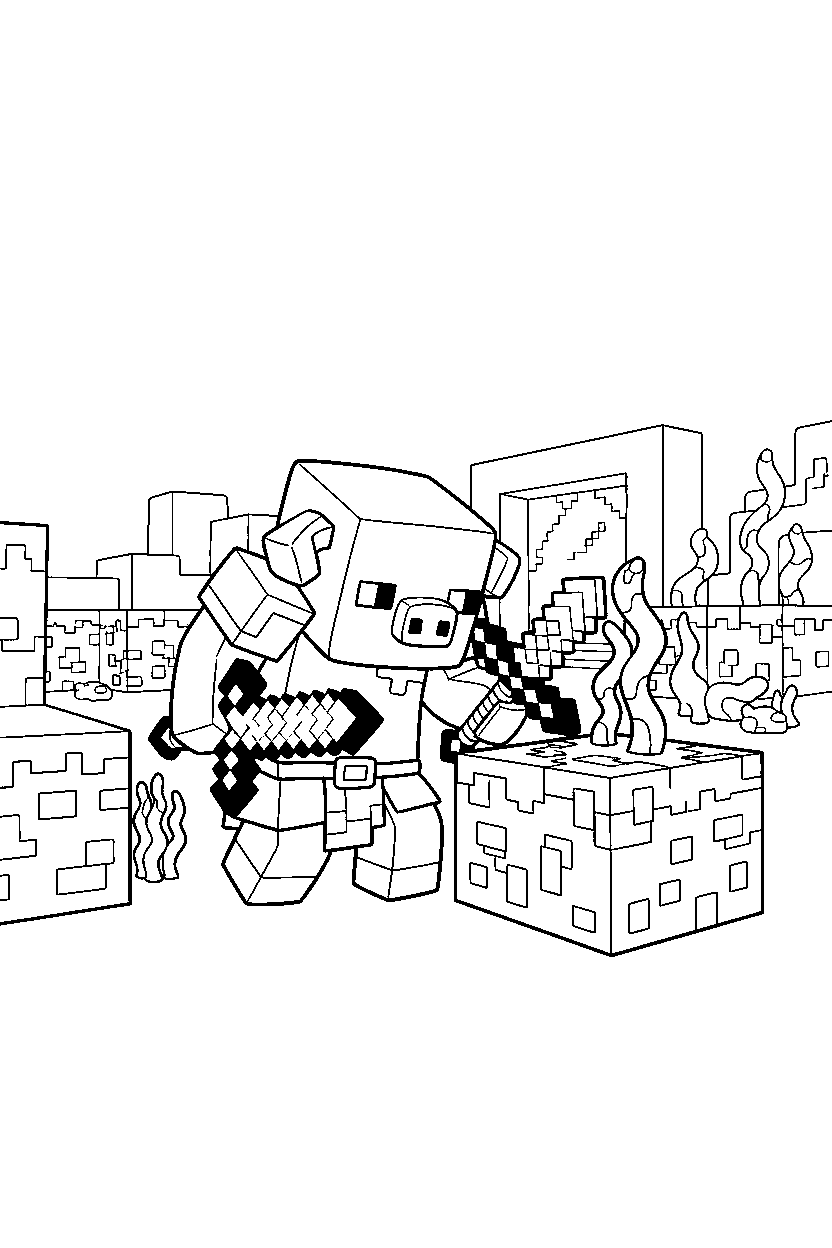 minecraft piglin exploring curiously in the nether line art