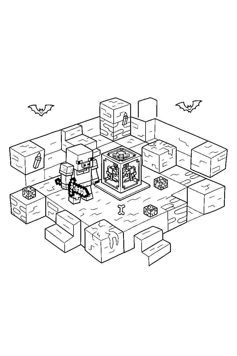 minecraft piglin exploring in mob spawner room line art