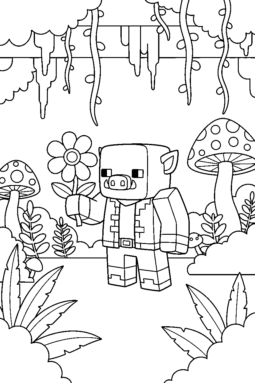 minecraft piglin holding a flower in a lush cave line art
