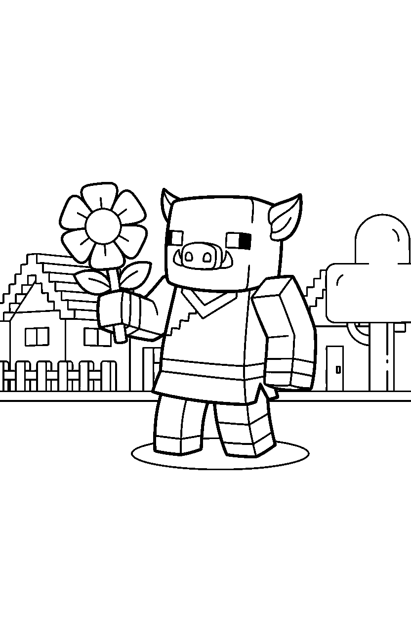 minecraft piglin holding a flower in a village line art