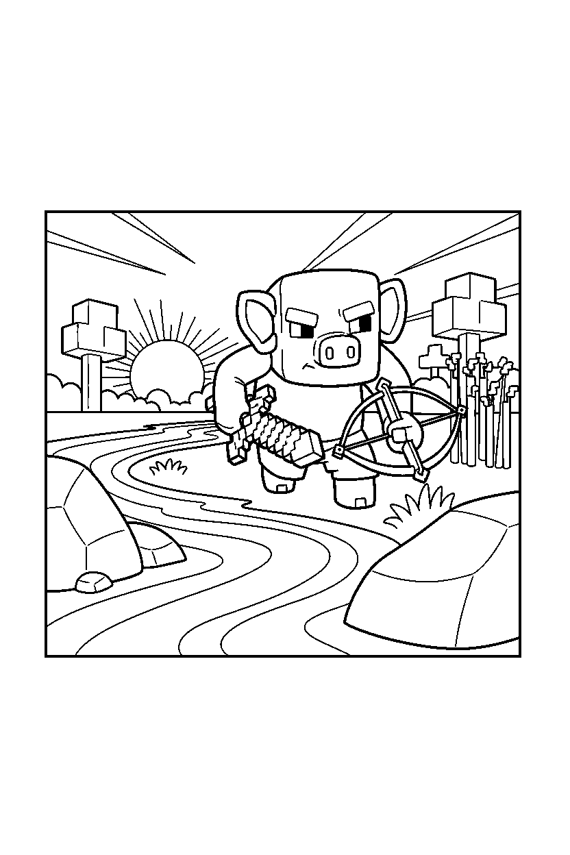 minecraft piglin listening carefully near a river line art