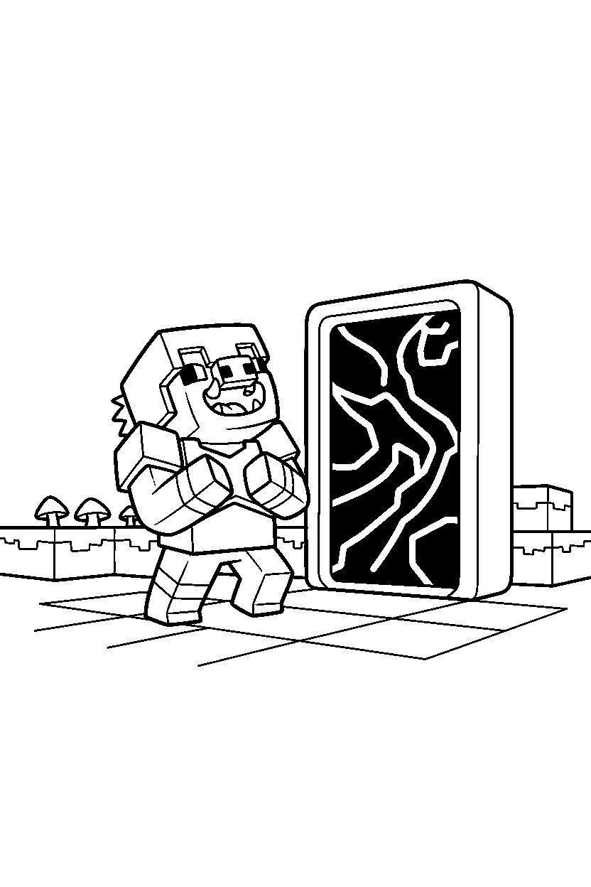 minecraft piglin roaring playfully near a nether portal line art