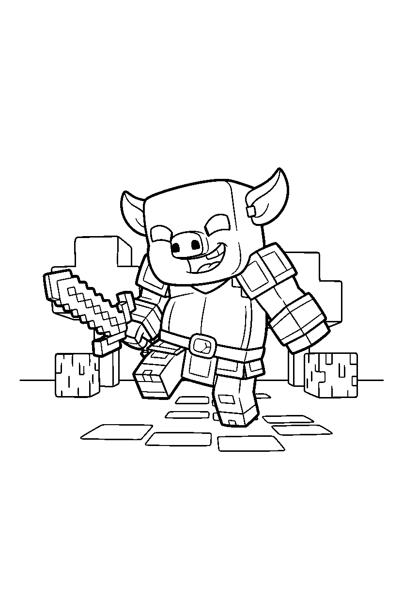 minecraft piglin stomping playfully in a forest line art