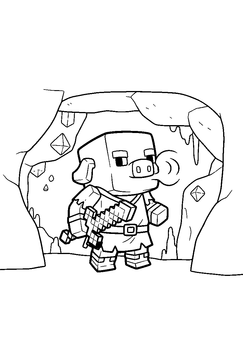 minecraft piglin wandering curiously in a cave line art