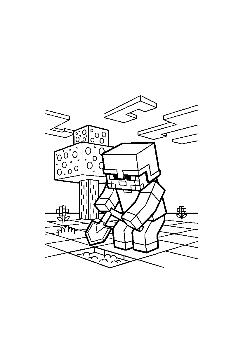 minecraft pillager digging carefully in a meadow line art