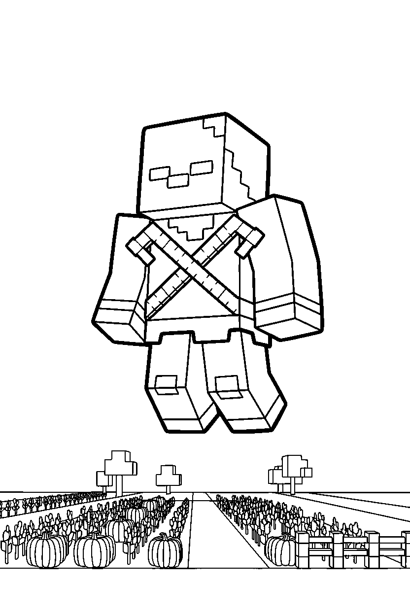 minecraft pillager floating calmly near a farm field line art