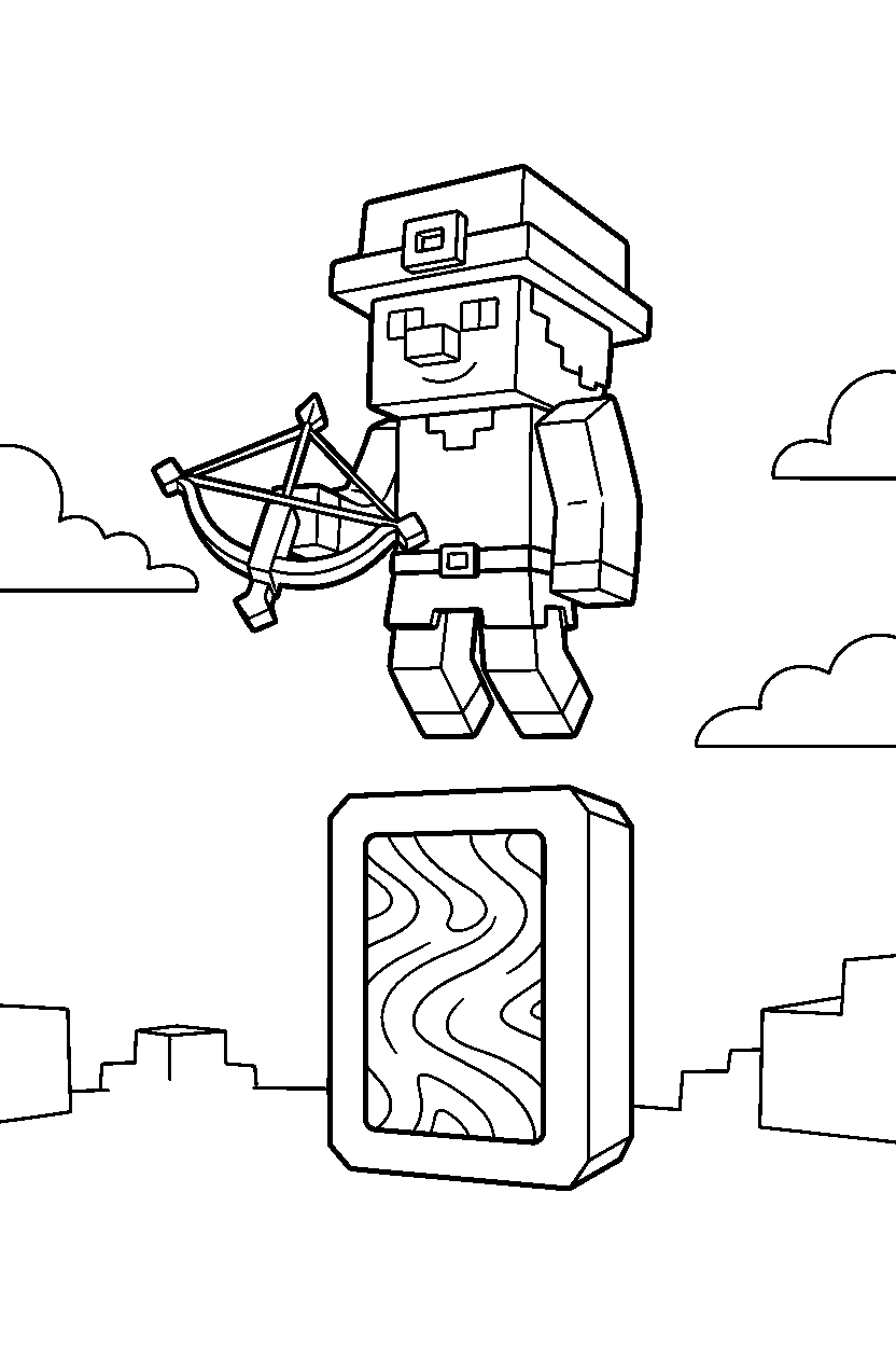 minecraft pillager floating calmly near a nether portal line art