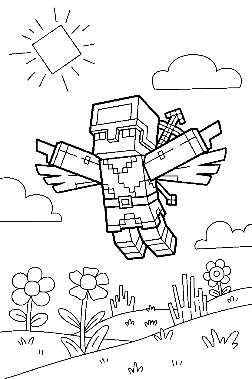 minecraft pillager flying calmly in a meadow line art