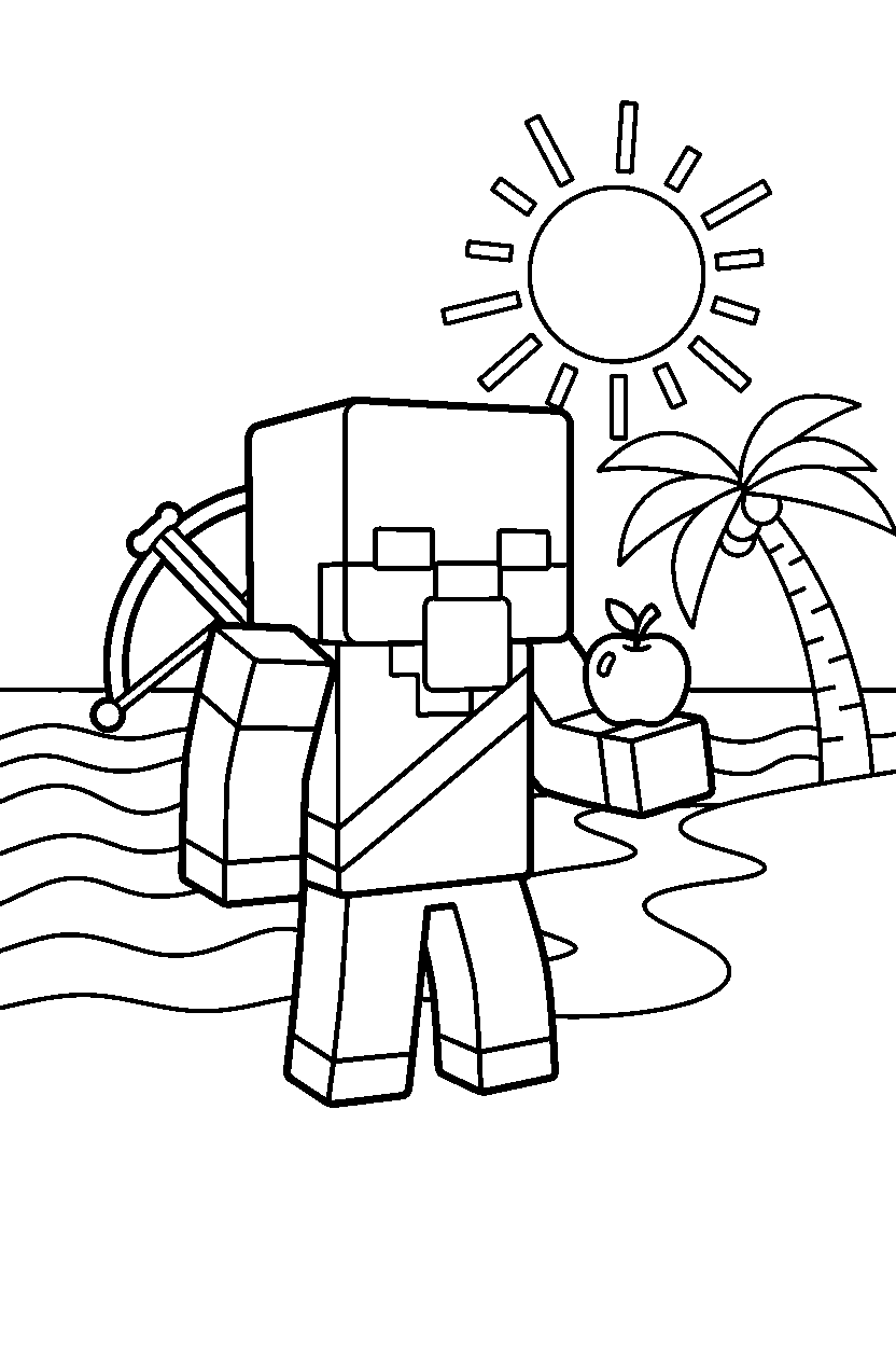 minecraft pillager holding an apple on a beach line art