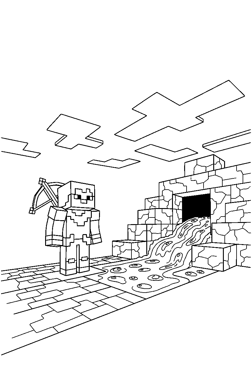 minecraft pillager looking at the sky near a lava cave line art