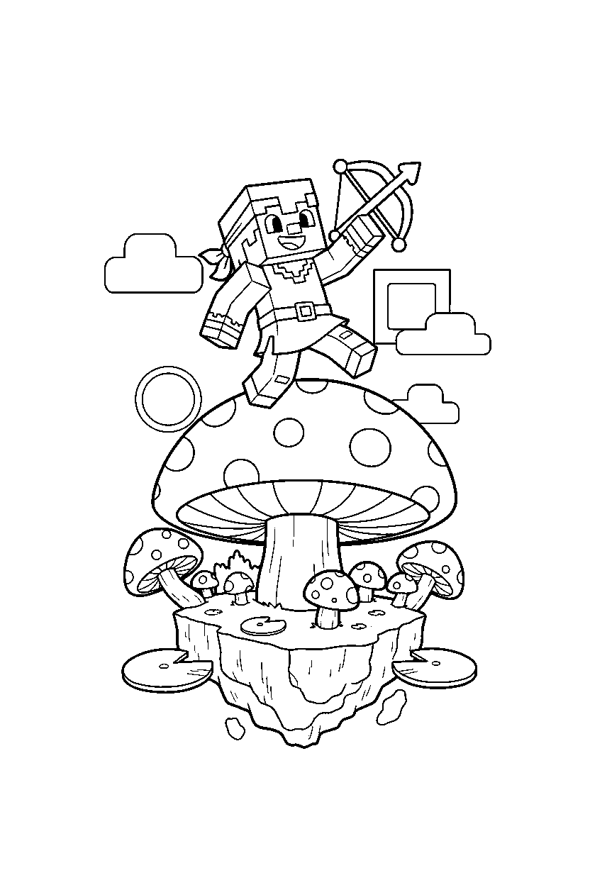 minecraft pillager playing happily on a mushroom island line art